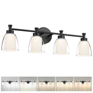28.4 in. 4-Light Black Modern LED Vanity Light with Clear Frosted Glass Shad
