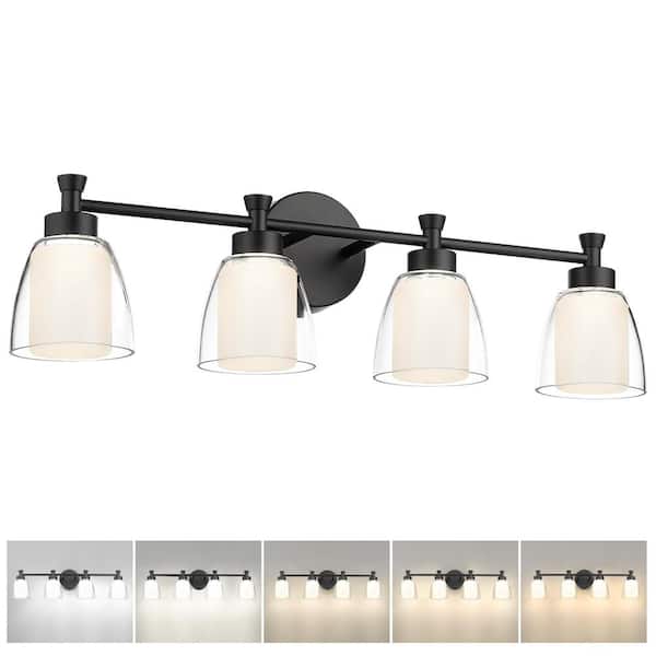 JAZAVA 28.4 in. 4-Light Black Modern LED Vanity Light with Clear Frosted Glass Shad