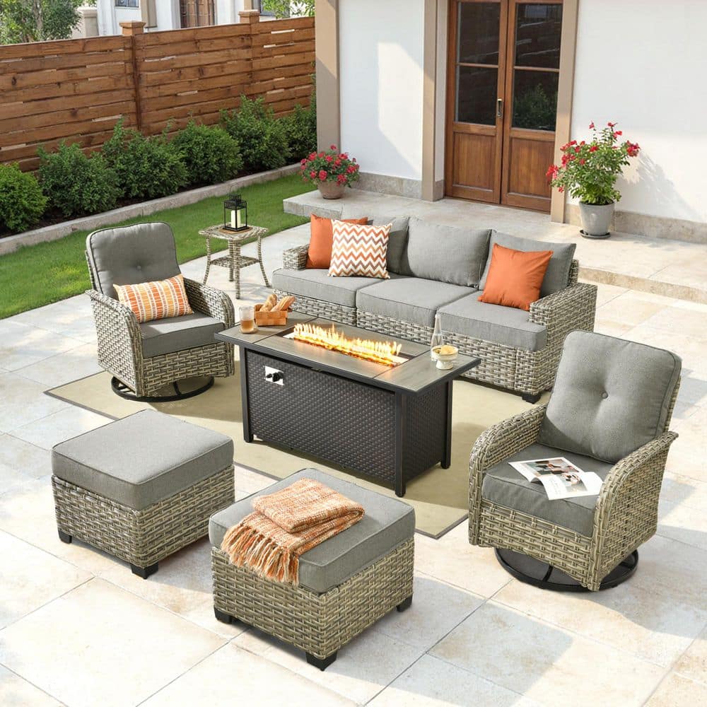 Merritt 9-Piece All-Weather Wicker Patio Fire Pit Conversation Sofa Set with Swivel Chairs and Dark Gray Cushions price history on PriceWatchPro