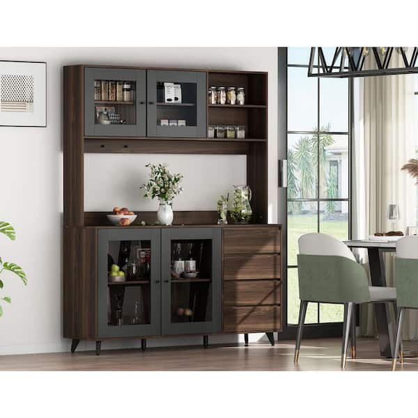 Green scenic Sideboard Buffet Cabinet with 3 Storage Drawers, Kitchen Cabinet Coffee Bar Cabinet with Adjustable Shelf for Living Room, Gray
