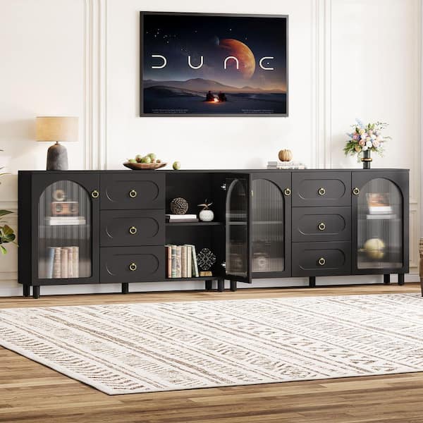 Black 59 in. Buffet Cabinet with 2-Acrylic Doors and 3-Drawers, Sideboard Buffet Cabinet Coffee Bar Station