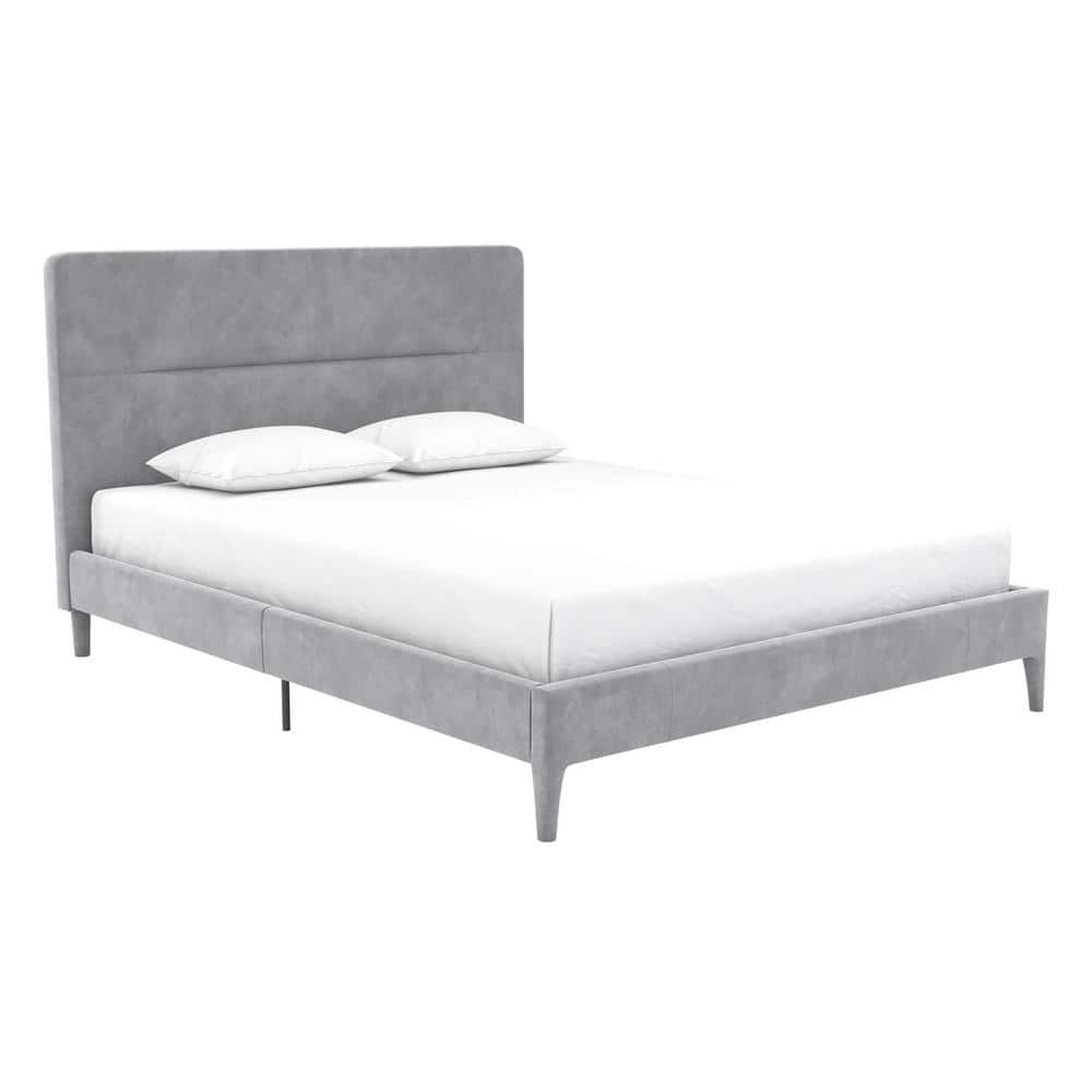 Full Light Gray Velvet Upholstered Platform Bed with Tufted Headboard