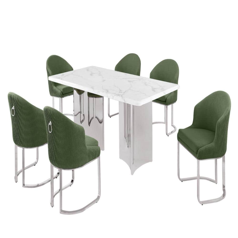 Teresa 7-Piece Rectangle White Marble Top Stainless Steel Base Dining Set With 6 Green Chairs price history on PriceWatchPro