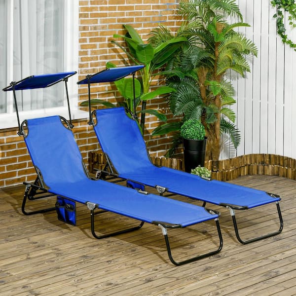Sudzendf Blue Metal Outdoor Folding Chaise Lounge Pool Chairs, Sun Tanning Chairs with Sunshade Face Guard (Set of 2)