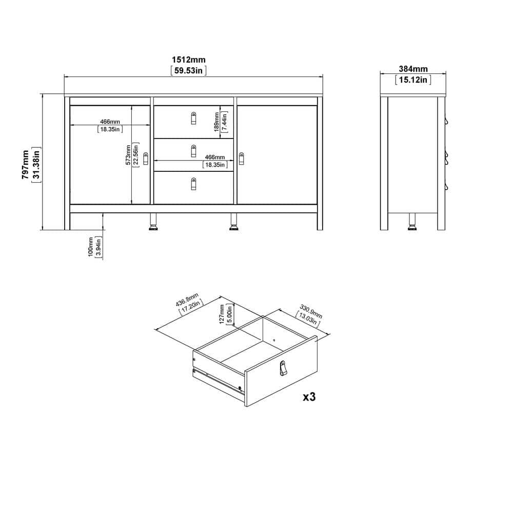 Madrid Black Matte 2 Door Sideboard with 3 Drawers