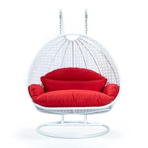 White Wicker Hanging 2-Person Egg Swing Chair Porch Swing With Red Cushions