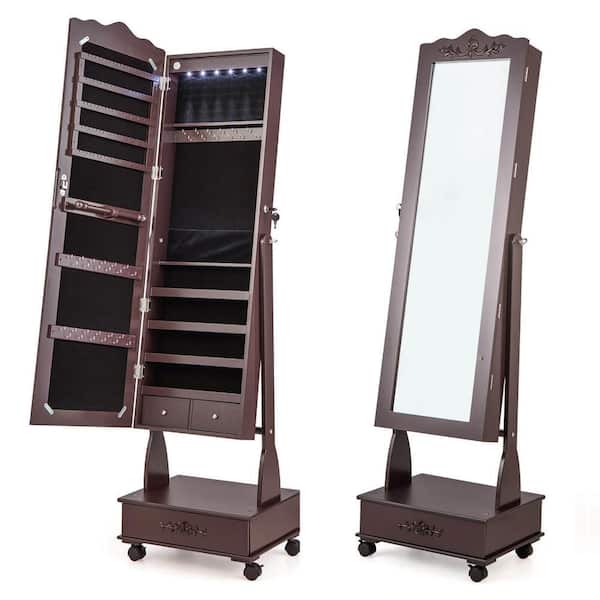 Brown Rolling Floor Standing Mirrored Jewelry Armoire with LED Lights and Drawers