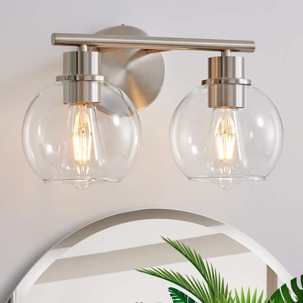 Deyidn Modern 13.4 in. 2-Light Nickel Bathroom Vanity Light Interior Powder Room LED Lighting with Clear Globe Shades