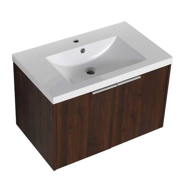 INSTER FINE 29.5 in. W x 18.1 in. D x 19.8 in. H Single Sink Wall Mount Bath Vanity in Walnut with White Gel Acrylic Top Sink
