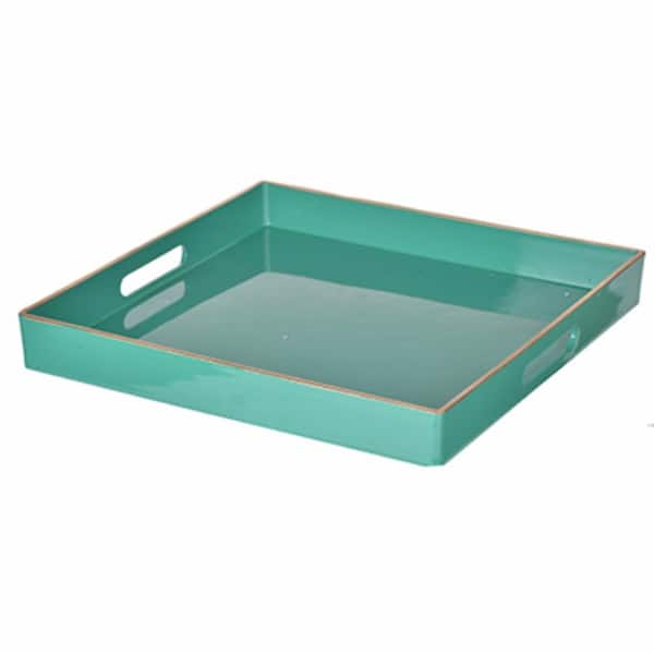 Benjara Green Plastic Square Tray With Cutout Handles