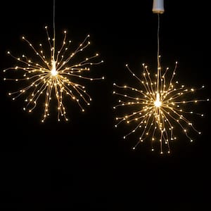 200-Light Bulbs with Copper Wire Battery Operated Starburst Warm White LED Lights with Remote Control (Set of 2)
