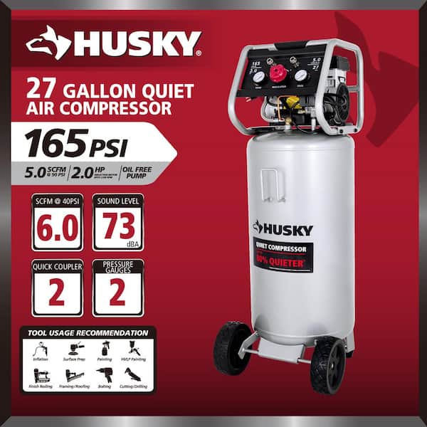 27 Gal.165 PSI Vertical Electric Oil-Free Quiet Auto/Workshop Air Compressor with Dual Gauges and 2-Quick Couplers