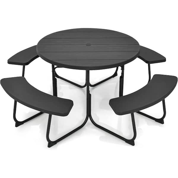 8 Person HDPE Outdoor Round Picnic Table with 4 Built-in Benches and Umbrella Hole for All-Weather Use