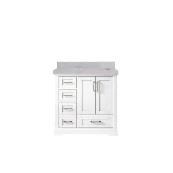 Willow Collections Boston 36 in. W x 22 in. D x 36 in. H Right Offset Single Sink Bath Vanity in White with 2 in. Pearl Gray qt Top