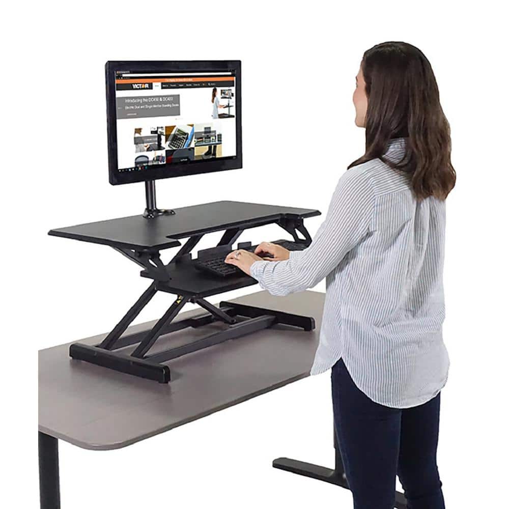 Black Steel Adjustable Standing Desk Converter with Keyboard Tray