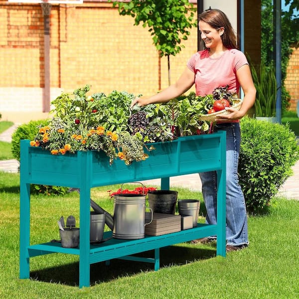 AUTMOON 46 in. x 17 in. x 28 in. Outdoor Cyan Plastic Wood Raised Garden Bed Planter Box with Shelf
