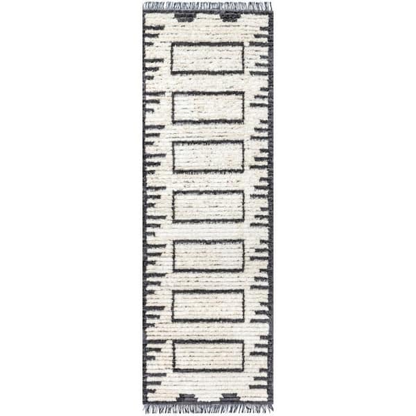 nuLOOM Lucia Soft Shaggy Textured Geometric Panel Fringe Beige 2 ft. 8 in. x 8 ft. Runner Rug
