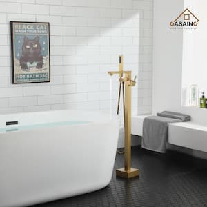 Brushed Brass Single-Handle Floor-Mounted Bathtub Faucet High Flow Bathroom Tub Filler with Hand Shower