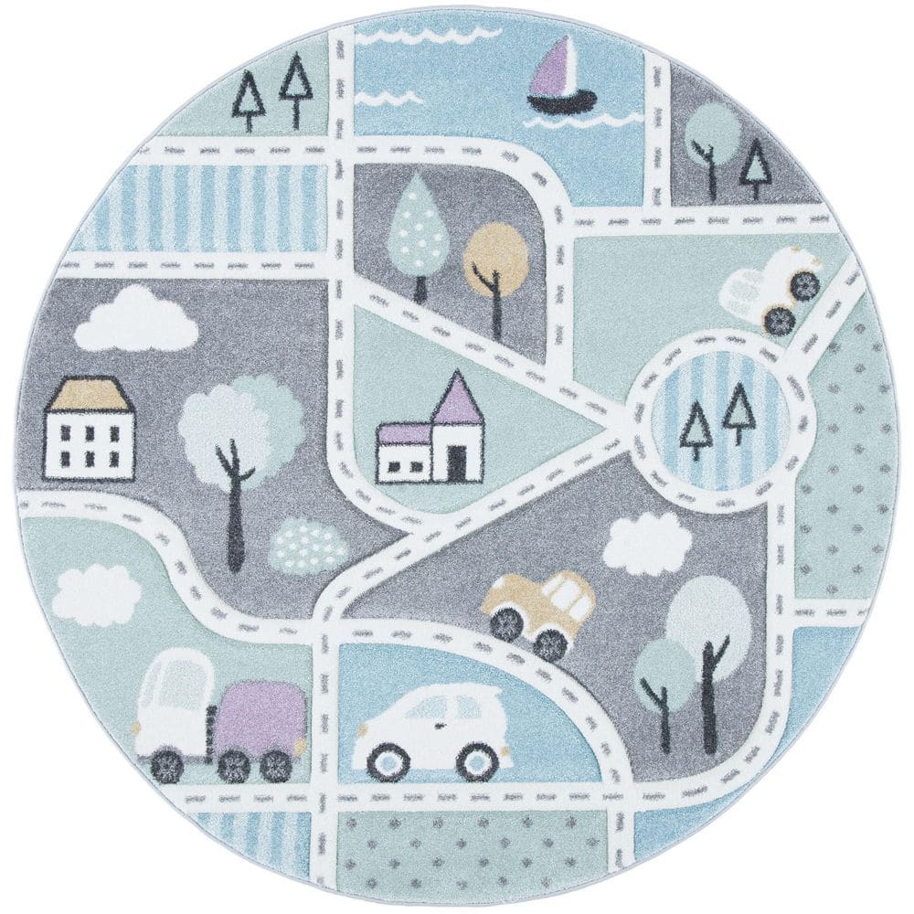 Carousel Kids 3 ft. x 3 ft. Gray/Light Blue Neighborhood Roads Round Area Rug price history on PriceWatchPro