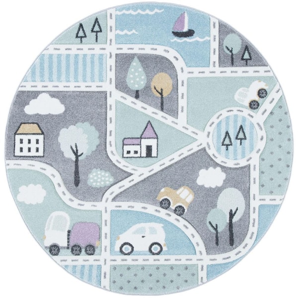 Carousel Kids 7 ft. x 7 ft. Gray/Light Blue Neighborhood Roads Round Area Rug