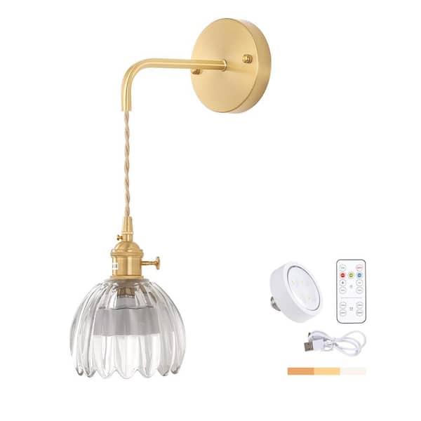 Ahfiwaso Retro 4.72 in. 1-Light Gold Battery Operated Vintage Smart Home Wall Sconce with Tulip Clear Glass Shade with Remote