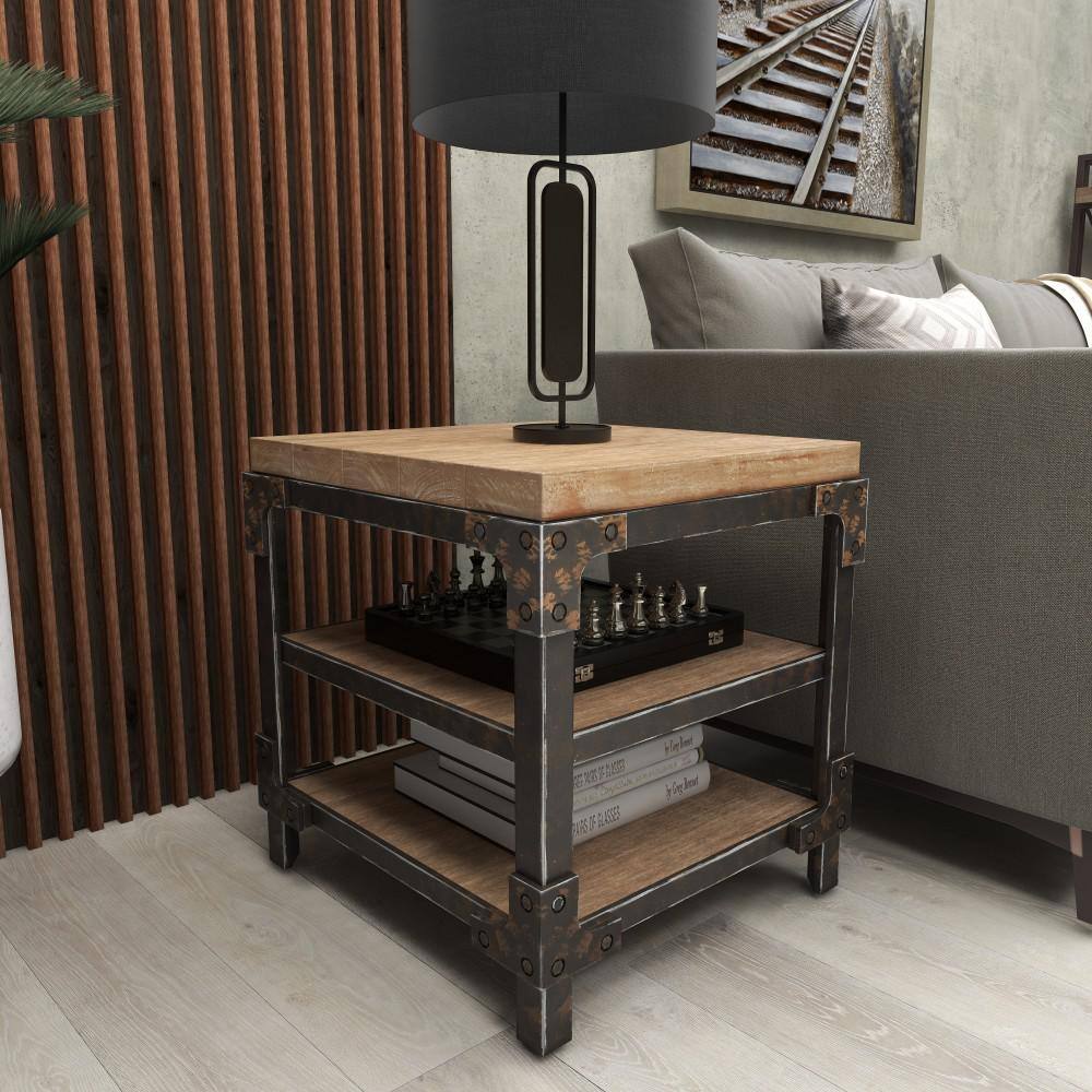 Industrial Brown Fir Wood and Metal 3-Tier Accent Table