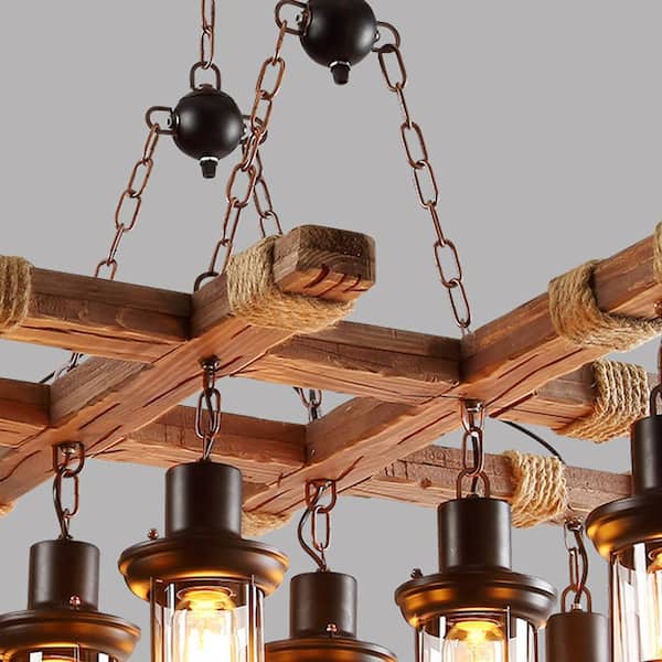 OUKANING 39 in. 8-Light Vintage Industrial Brown Wooden Farmhouse