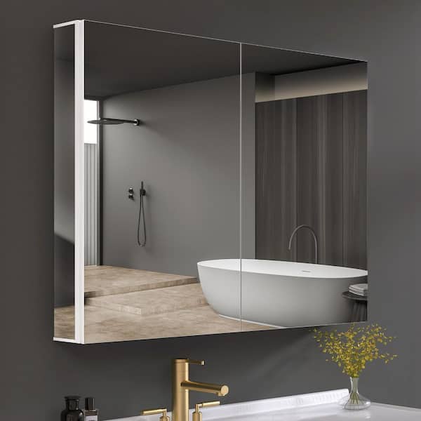 Zeafive Vie 40 in. W x 30 in. H White Rectangular Recessed or Surface Mount Aluminum Tri-View Medicine Cabinet with Mirror