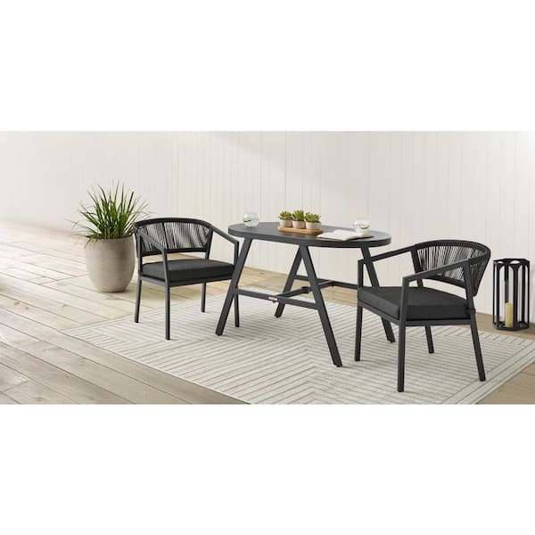 Foxcliff 3-Piece Black Wicker Outdoor Bistro Set with Heathered Gray Cushions