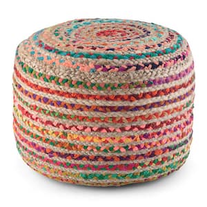 Margo Boho Round Fabric Pouf in Multi Color Braided Jute