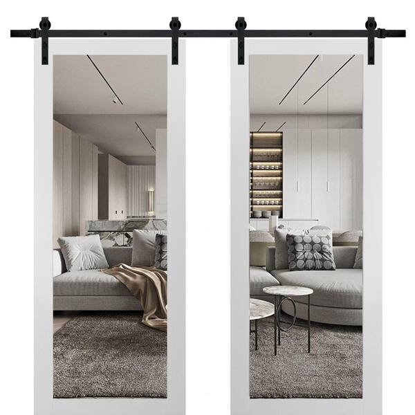 Sartodoors 64 in. x 80 in. 1-Panel White Finished Pine Wood Sliding Door with Double Barn Hardware
