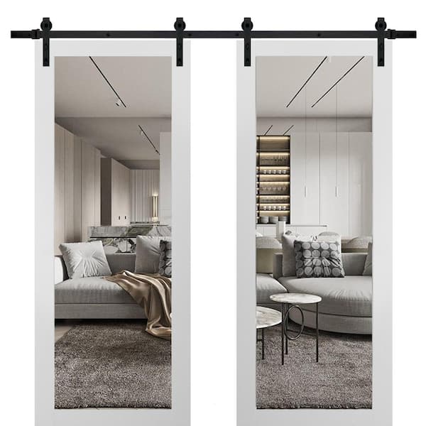 2166 84 in. x 80 in. 1 Panel White Finished Pine Wood Sliding Door with Double Barn Hardware