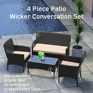 4-Piece Black Patio Outdoor Furniture Wicker Conversation Set with Beige Cushions, 1-Loveseat, 2-Chairs and Coffee Table