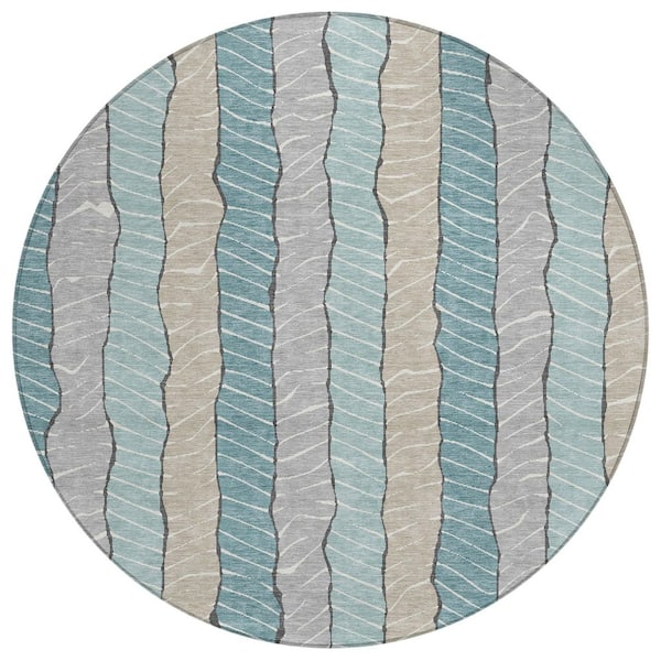 Chantille Machine Washable Indoor/Outdoor Abstract ACN3039 Teal 8 ft. x 8 ft. Round Rug
