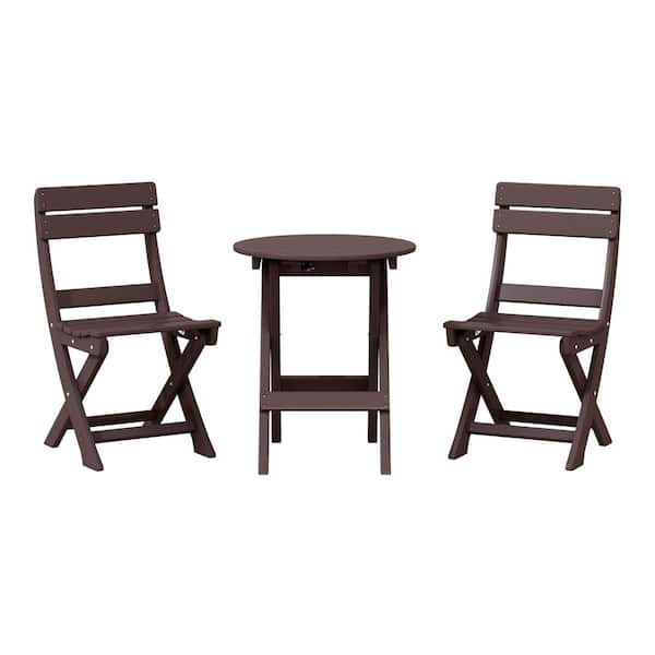 Laguna 3-Piece All Weather HDPE Plastic Outdoor Patio Rust Free Folding Bistro Dining Set, Dark Brown