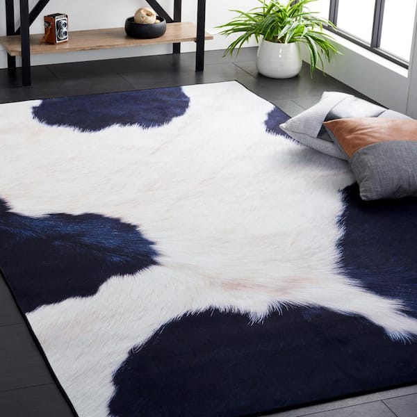 Faux Hide Ivory/Dark Blue 5 ft. x 8 ft. Machine Washable Animal Print Area Rug