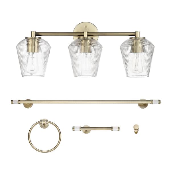 Globe Electric 5-Piece All-In-One Matte Brass Bathroom Accessory Set with 24 in. 3-Light Vanity Light