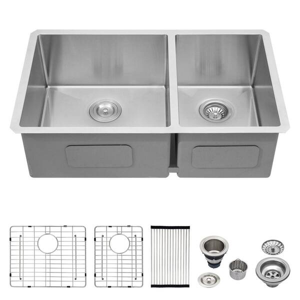 Logmey 18-Gauge Stainless Steel 33 in. Double Bowl Undermount Kitchen Sink with Bottom Grid and Strainer