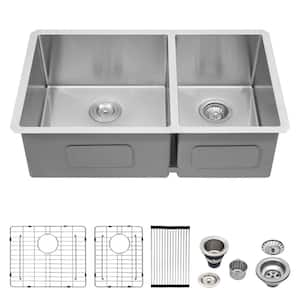 18-Gauge Stainless Steel 33 in. Double Bowl Undermount Kitchen Sink with Bottom Grid and Strainer