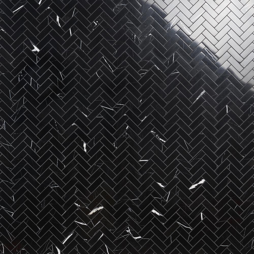 Ivy Hill Tile Blackout Nero Marquina 4 in. x 0.39 in. Herringbone Polished Marble Floor and Wall Mosaic Tile Sample -  EXT3RD106732