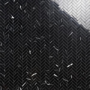 Blackout Nero Marquina 11.92 in. x 12.79 in. Herringbone Polished Marble Floor and Wall Mosaic Tile (1.06 sq. ft./Each)