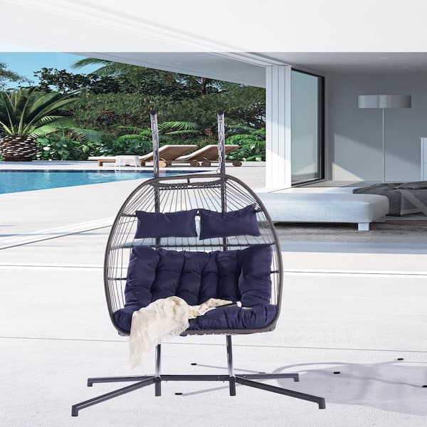Cesicia 2 Person Gray Wicker Porch Egg Swing Chair with Dark Blue Cushion and Stand