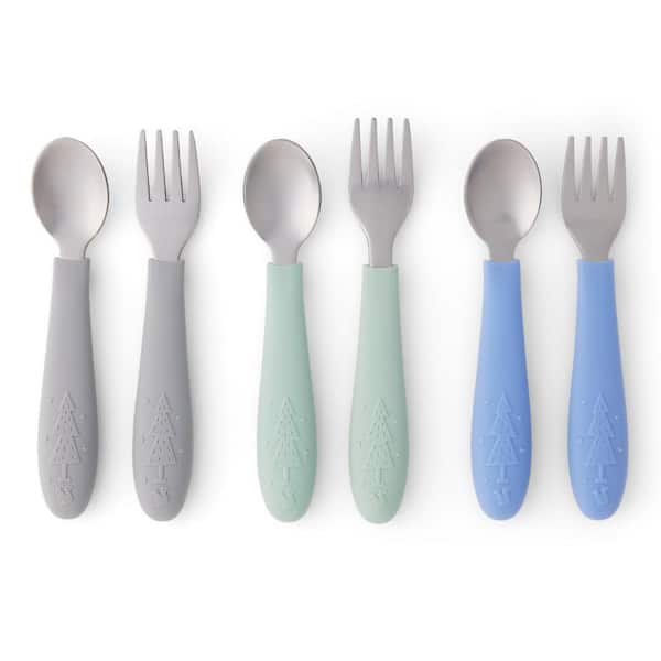 Stainless Steel Childrens Safe Baby Spoons and Forks Set with Silicone Handle for Kitchen, Sage/Misty Blue/Gray (3-Pack)