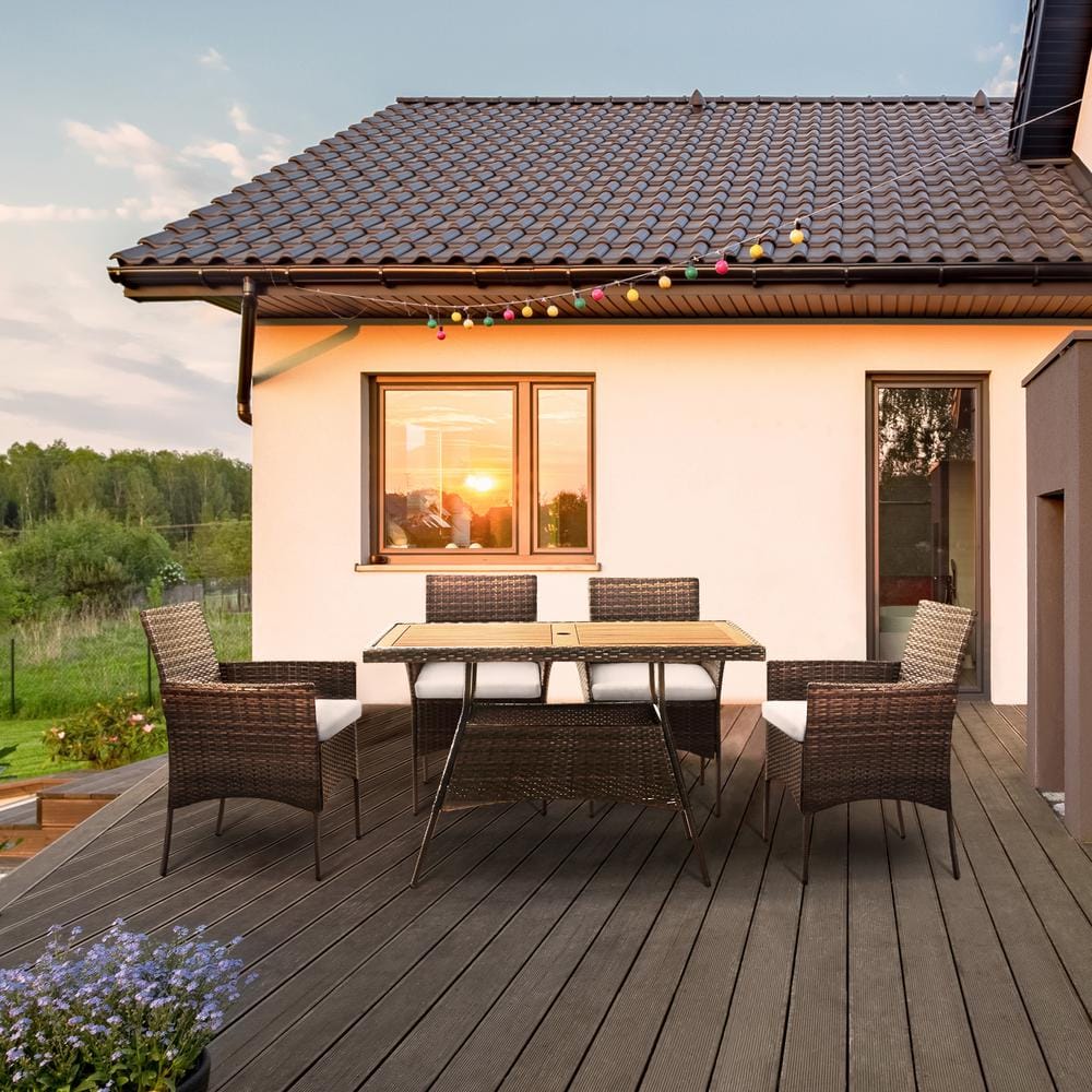 Brown 5-Piece Rattan and Acacia Wood Outdoor Dining Set