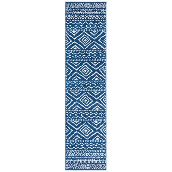 SAFAVIEH Tulum Navy/Ivory 2 ft. x 13 ft. Striped Geometric Diamonds Runner Rug