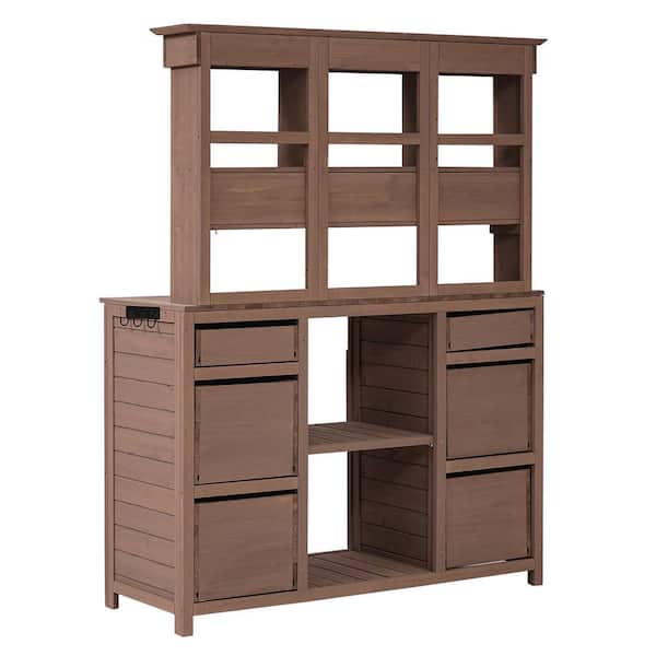 SpassWay Garden Potting Bench Table 80 gal. Fir Wood Workstation with Storage Shelf, Drawer and Cabinet, Brown Deck Box