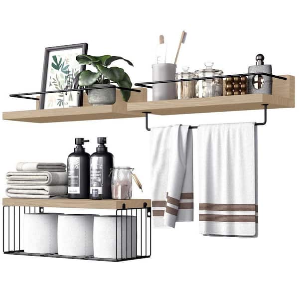 15.7 in.W x 6 in.D Bathroom Floating Shelves,with Storage Basket Paper Holer,Set of 3,Decorative Wall Shelf,Nature Wood
