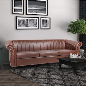 Chesterfield 84 in. W Flared Arm Faux Leather Straight 3-Seater Sofa in Dark Brown