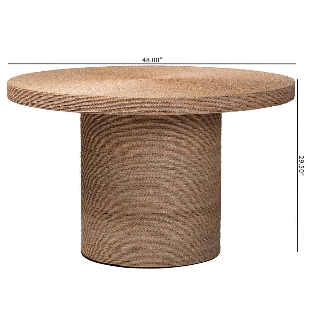 Bistra Natural Brown Seagrass and Wood Round Dining Table with Glass Top