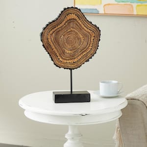 17 in. Brown Resin Abstract Carved Tribal Sculpture with Black Stand and Wavy Edge